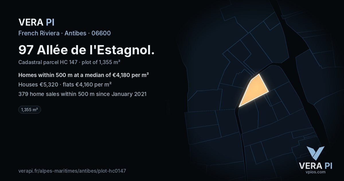 97 Allée de l'Estagnol, Antibes at night – the plot lit, the parcels around coloured by the prices near them