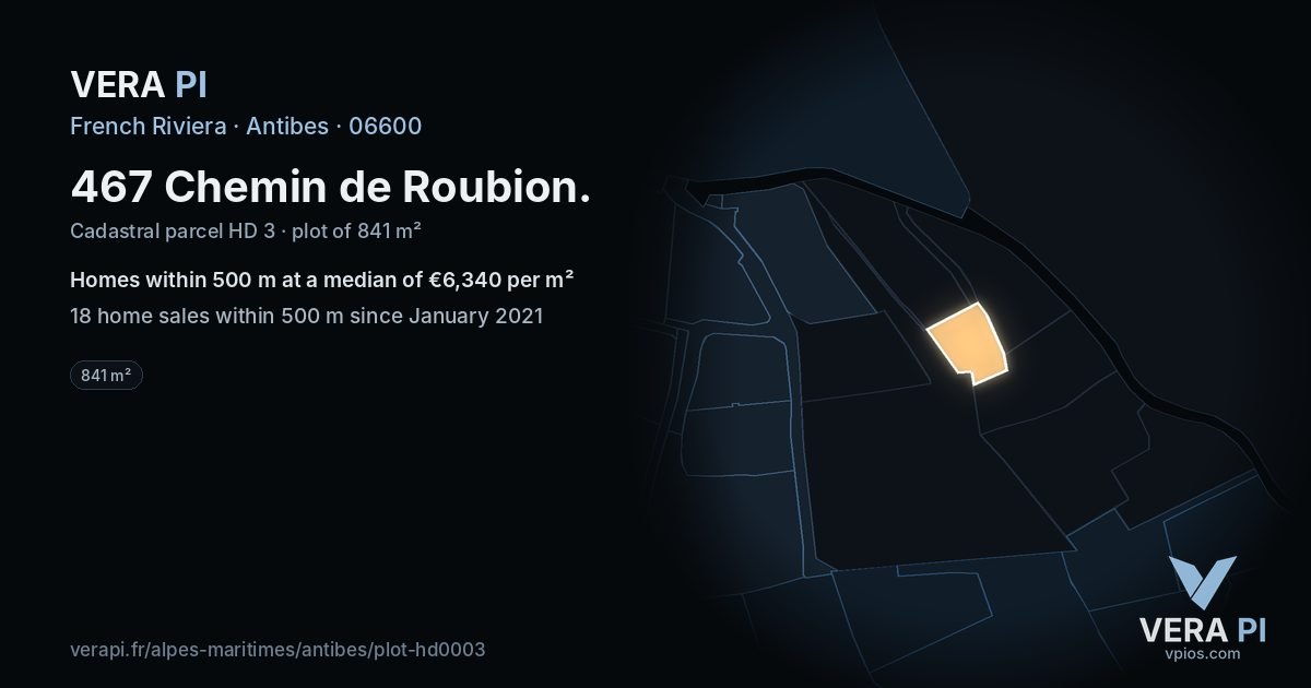 467 Chemin de Roubion, Antibes at night – the plot lit, the parcels around coloured by the prices near them