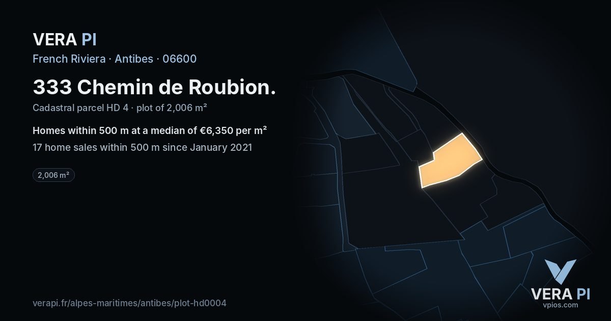 333 Chemin de Roubion, Antibes at night – the plot lit, the parcels around coloured by the prices near them