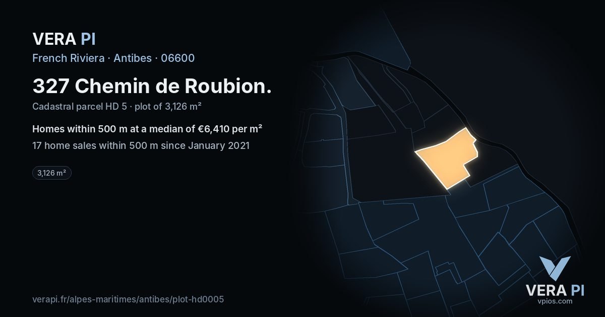 327 Chemin de Roubion, Antibes at night – the plot lit, the parcels around coloured by the prices near them