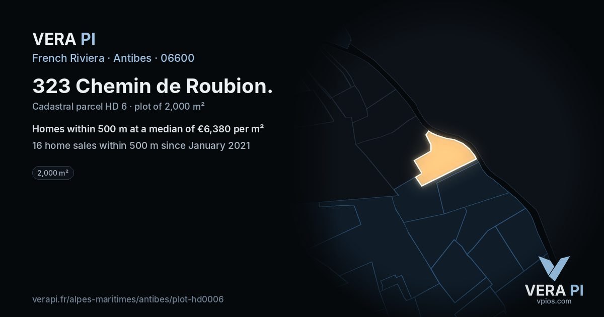323 Chemin de Roubion, Antibes at night – the plot lit, the parcels around coloured by the prices near them