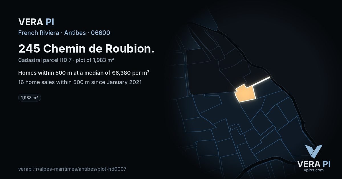245 Chemin de Roubion, Antibes at night – the plot lit, the parcels around coloured by the prices near them