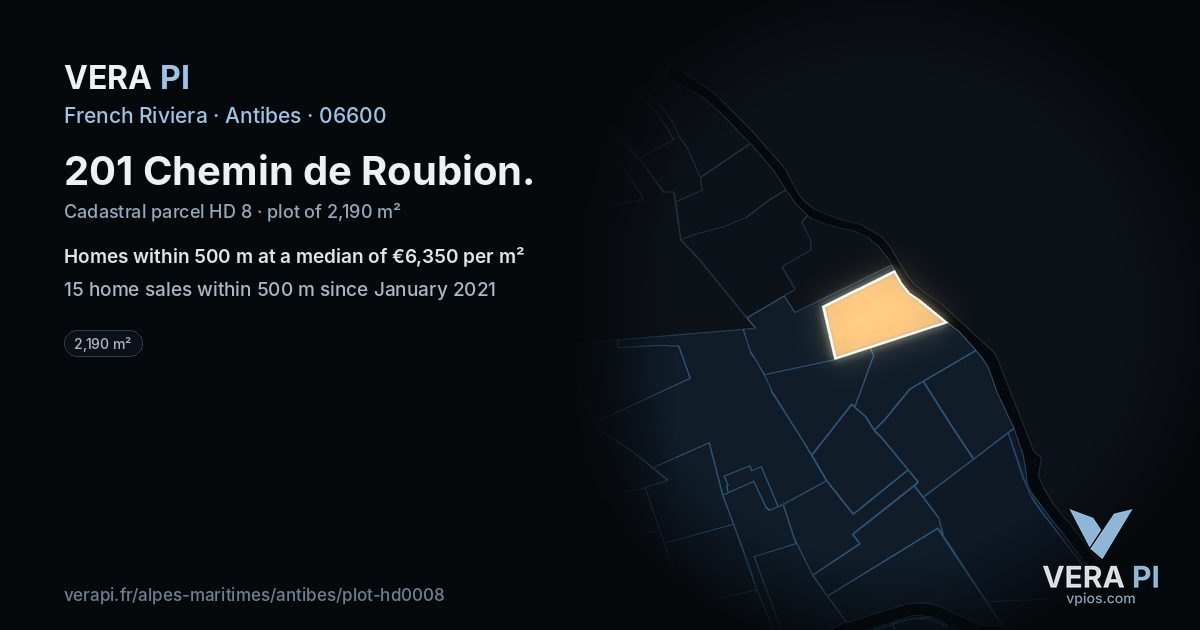 201 Chemin de Roubion, Antibes at night – the plot lit, the parcels around coloured by the prices near them