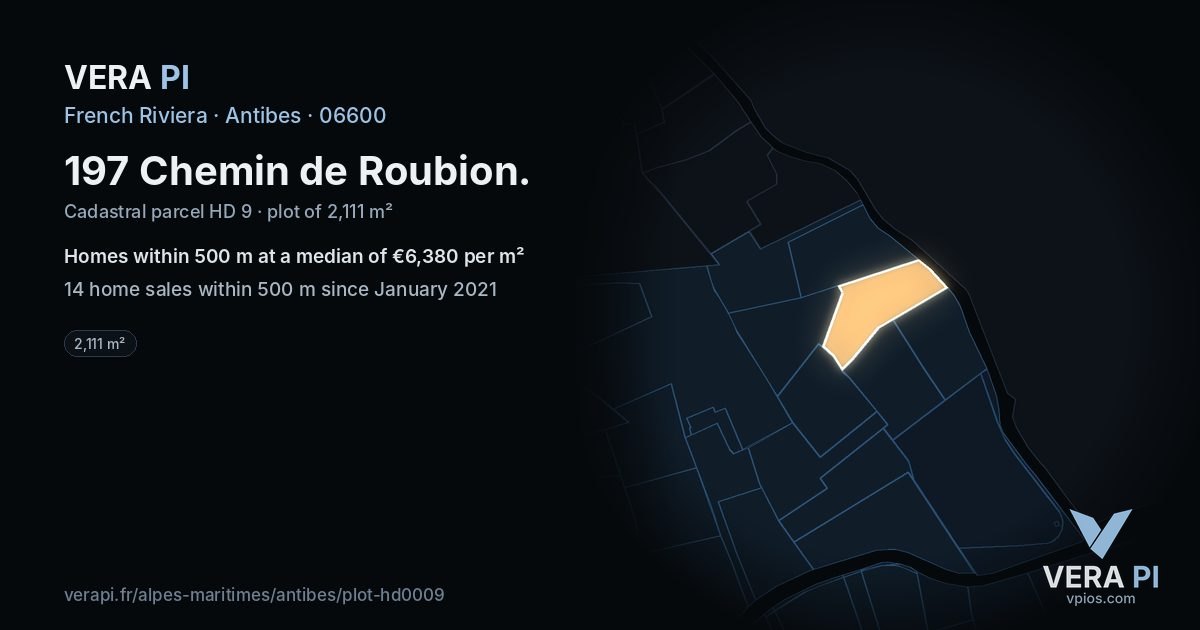 197 Chemin de Roubion, Antibes at night – the plot lit, the parcels around coloured by the prices near them