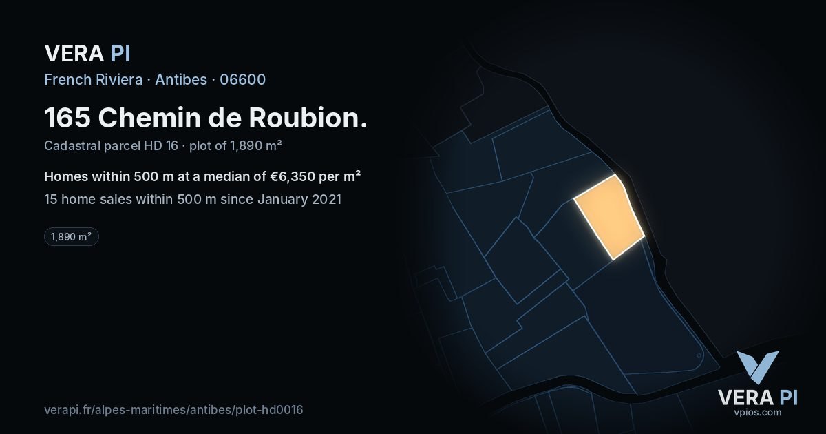 165 Chemin de Roubion, Antibes at night – the plot lit, the parcels around coloured by the prices near them