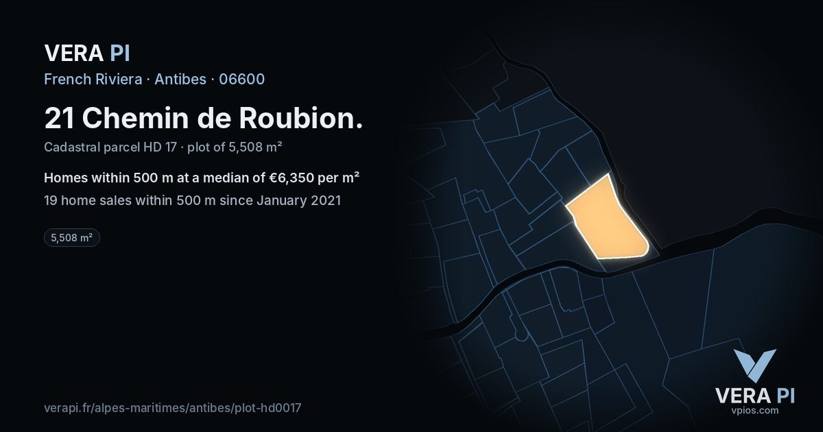 21 Chemin de Roubion, Antibes at night – the plot lit, the parcels around coloured by the prices near them
