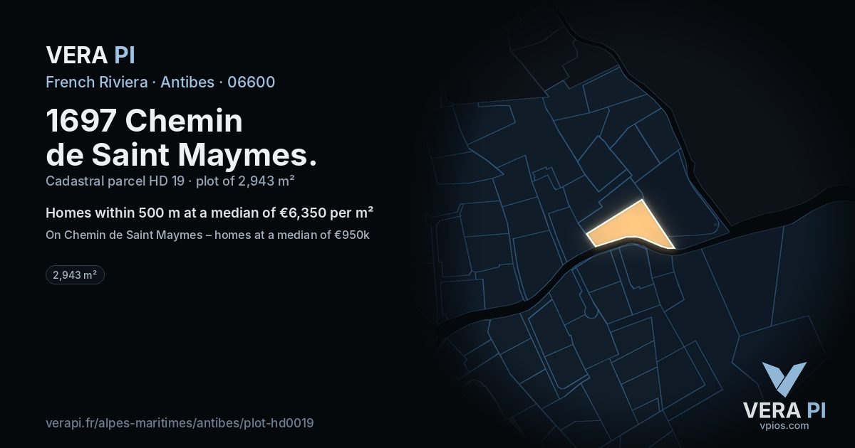 1697 Chemin de Saint Maymes, Antibes at night – the plot lit, the parcels around coloured by the prices near them