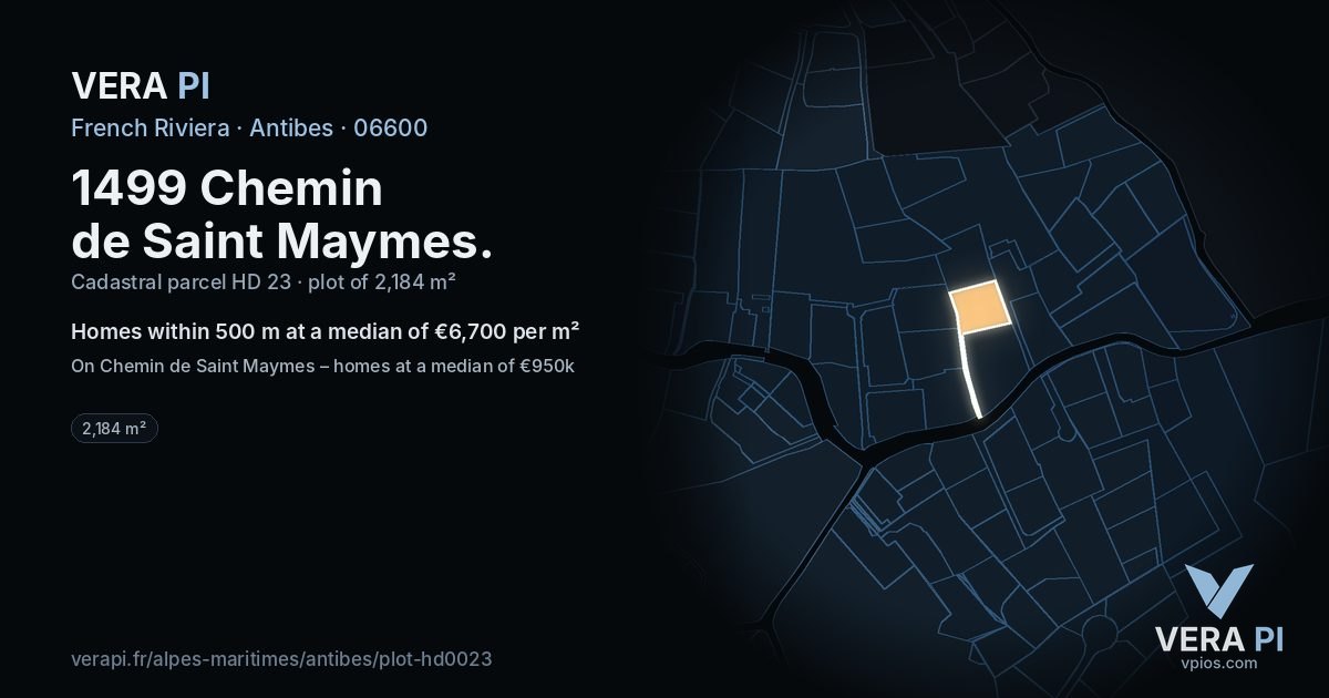 1499 Chemin de Saint Maymes, Antibes at night – the plot lit, the parcels around coloured by the prices near them