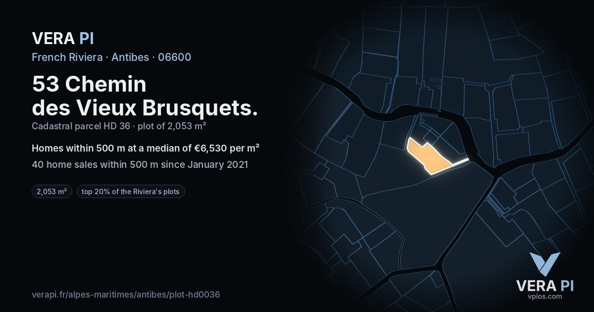 53 Chemin des Vieux Brusquets, Antibes at night – the plot lit, the parcels around coloured by the prices near them