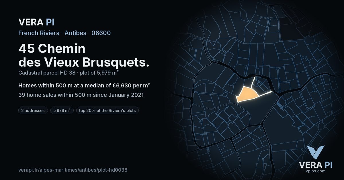 45 Chemin des Vieux Brusquets, Antibes at night – the plot lit, the parcels around coloured by the prices near them