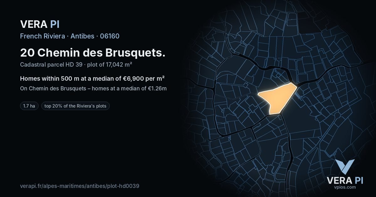 20 Chemin des Brusquets, Antibes at night – the plot lit, the parcels around coloured by the prices near them