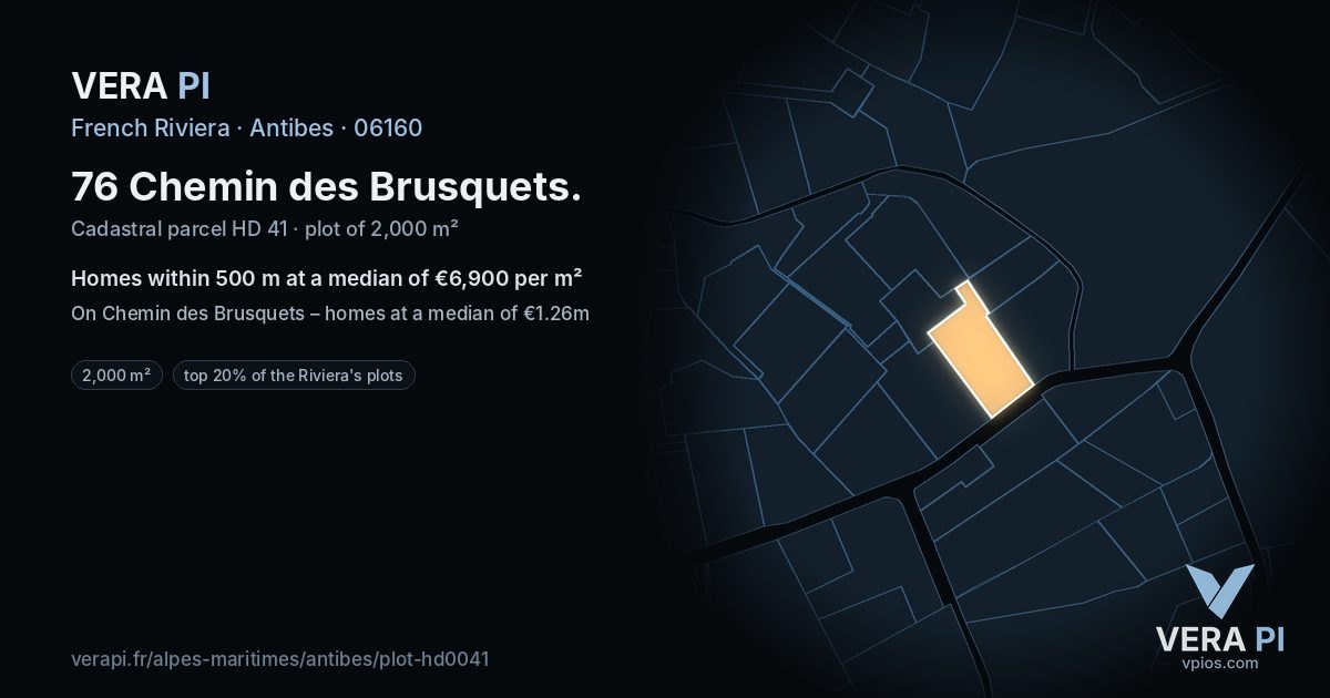 76 Chemin des Brusquets, Antibes at night – the plot lit, the parcels around coloured by the prices near them