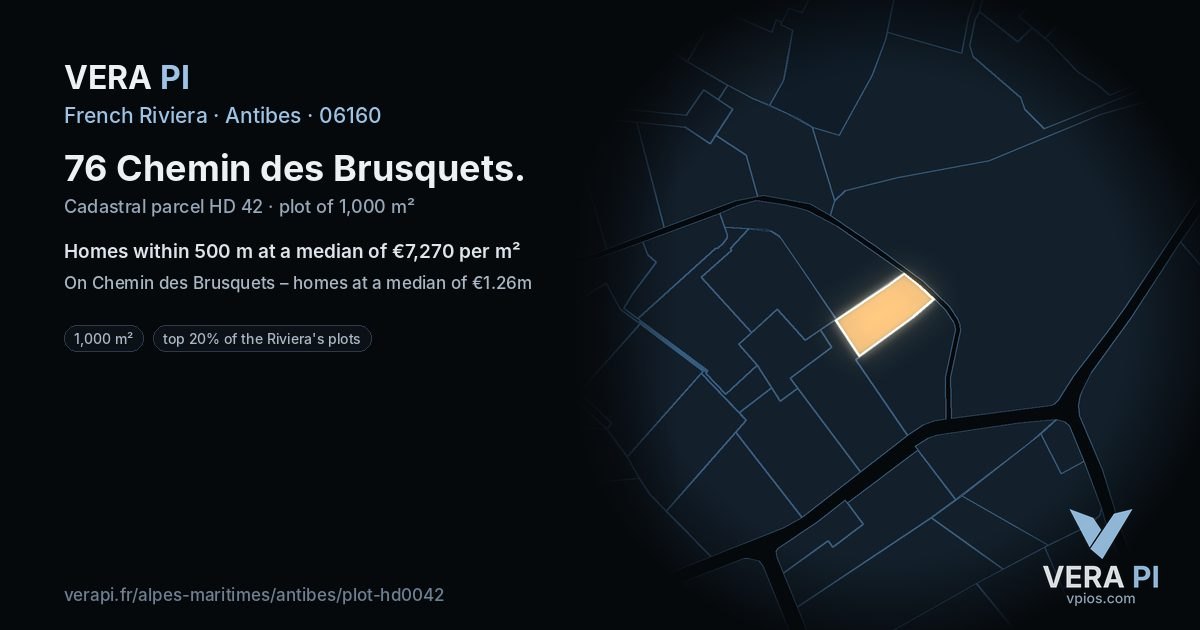 76 Chemin des Brusquets, Antibes at night – the plot lit, the parcels around coloured by the prices near them