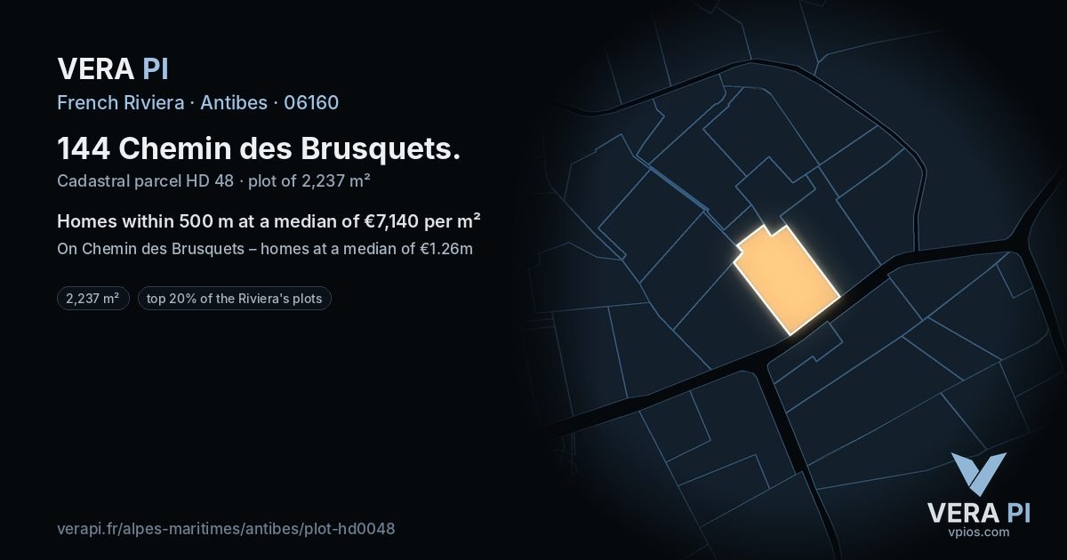 144 Chemin des Brusquets, Antibes at night – the plot lit, the parcels around coloured by the prices near them