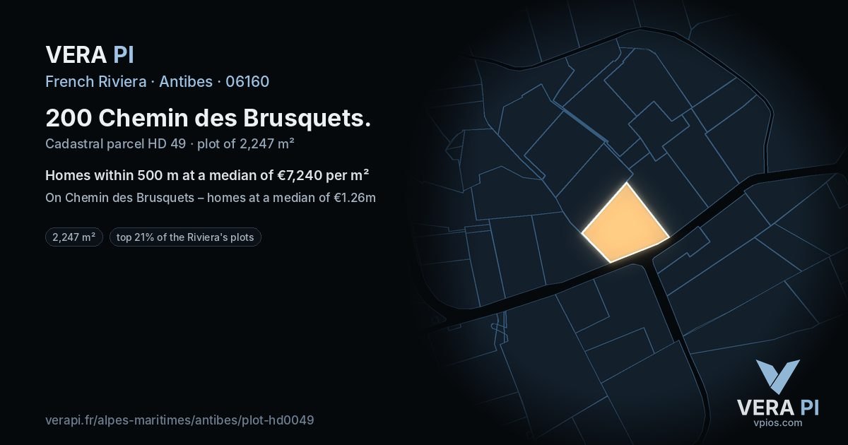 200 Chemin des Brusquets, Antibes at night – the plot lit, the parcels around coloured by the prices near them
