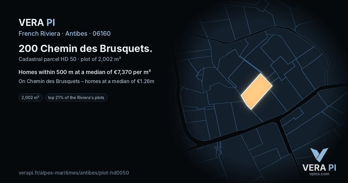 200 Chemin des Brusquets, Antibes at night – the plot lit, the parcels around coloured by the prices near them