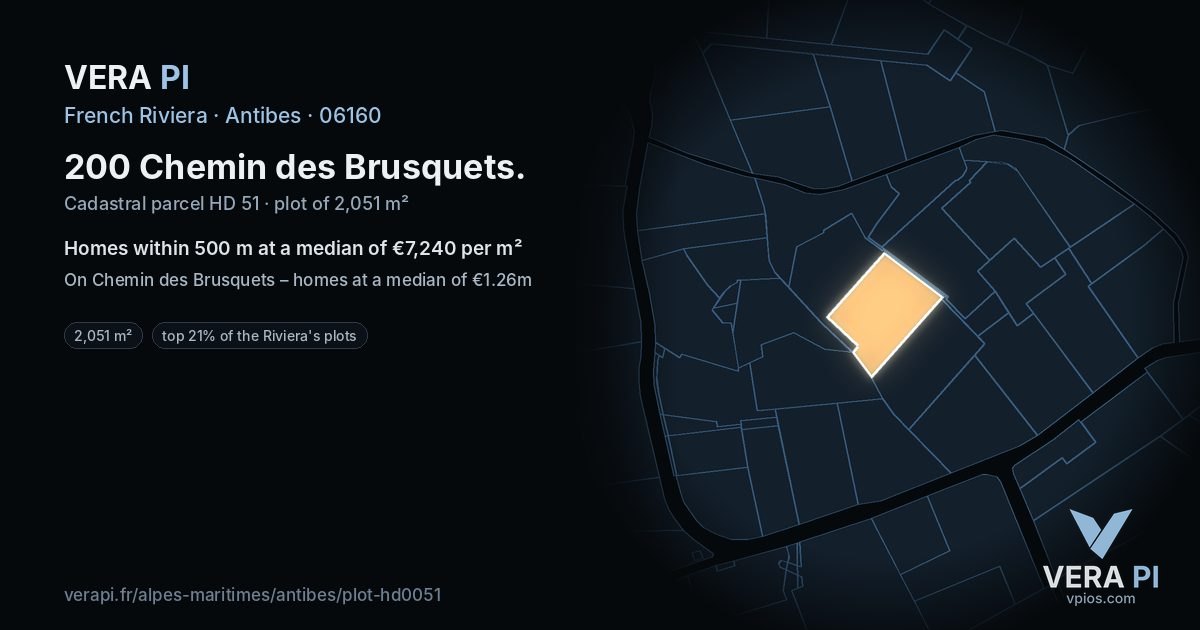 200 Chemin des Brusquets, Antibes at night – the plot lit, the parcels around coloured by the prices near them