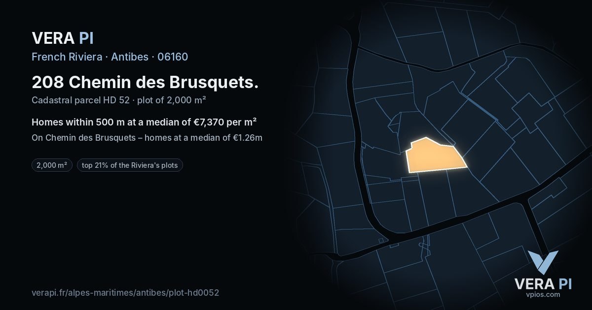208 Chemin des Brusquets, Antibes at night – the plot lit, the parcels around coloured by the prices near them