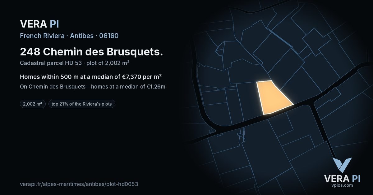 248 Chemin des Brusquets, Antibes at night – the plot lit, the parcels around coloured by the prices near them