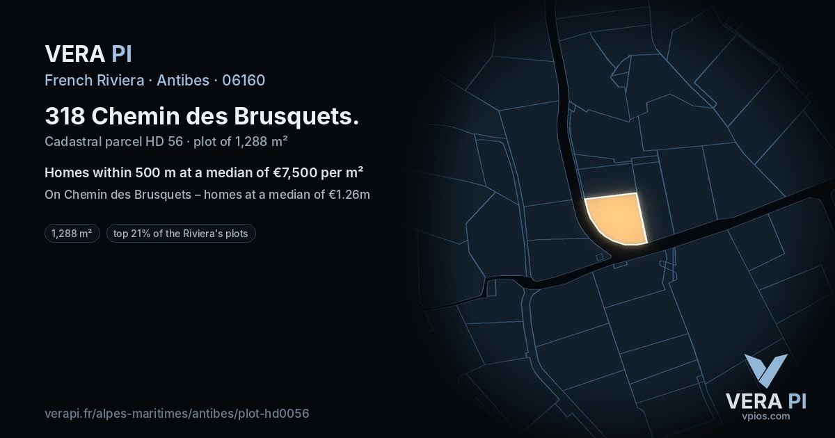 318 Chemin des Brusquets, Antibes at night – the plot lit, the parcels around coloured by the prices near them
