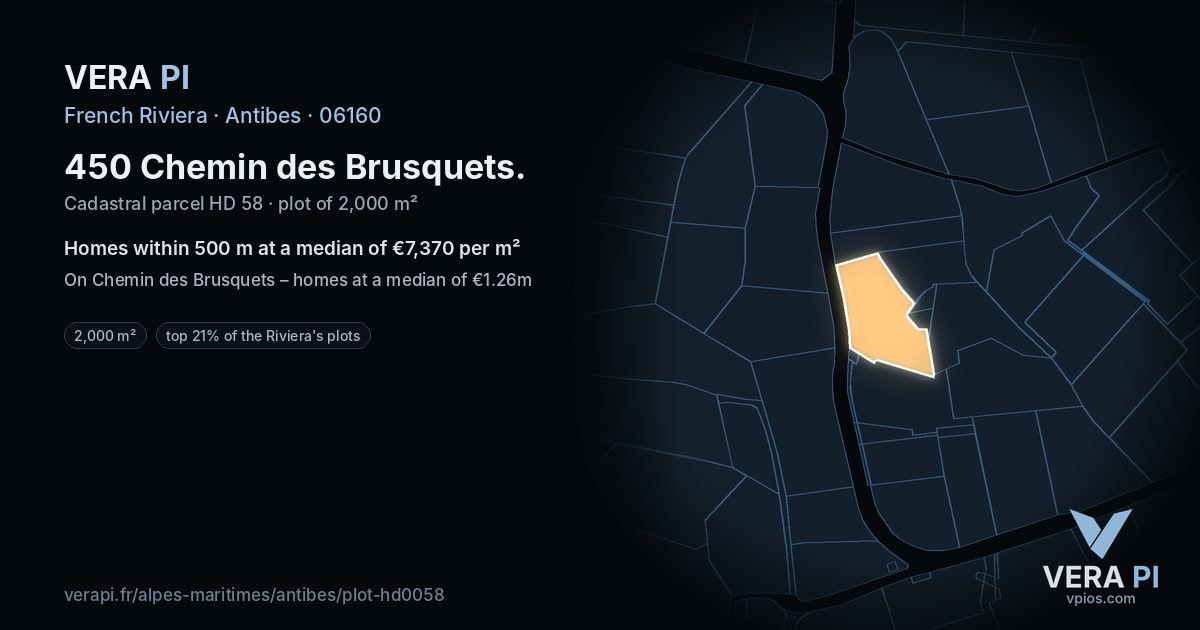 450 Chemin des Brusquets, Antibes at night – the plot lit, the parcels around coloured by the prices near them