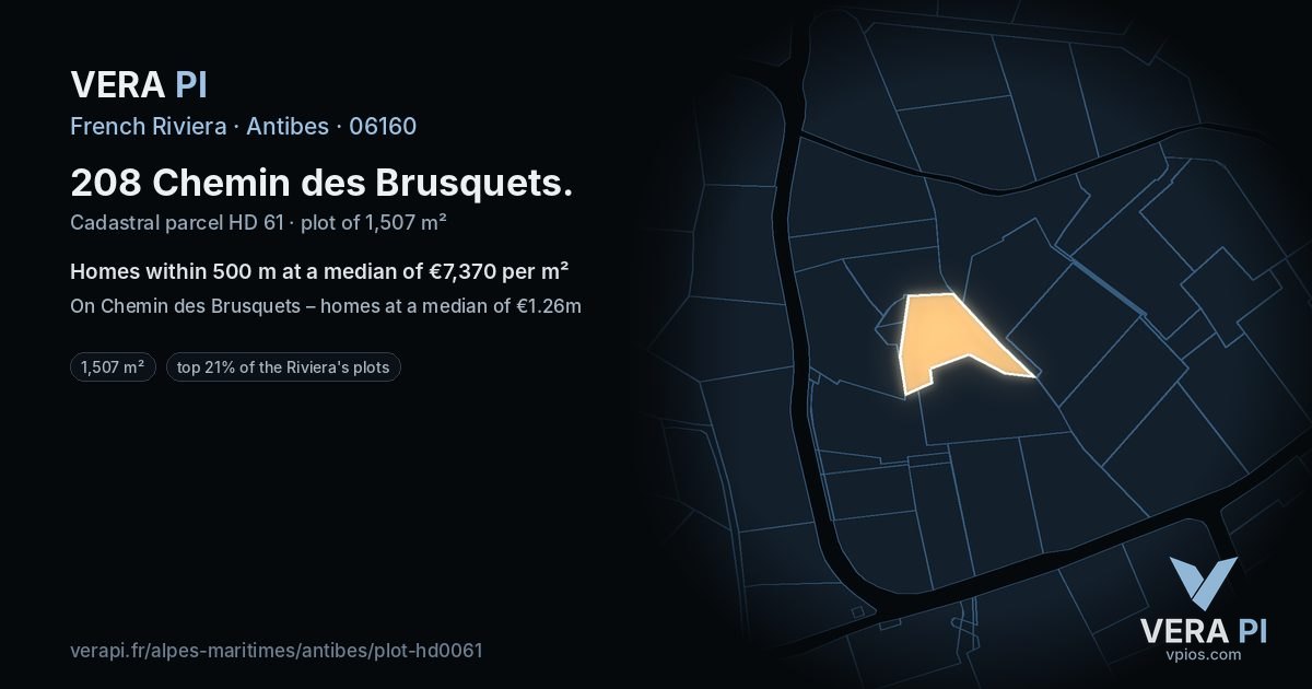 208 Chemin des Brusquets, Antibes at night – the plot lit, the parcels around coloured by the prices near them