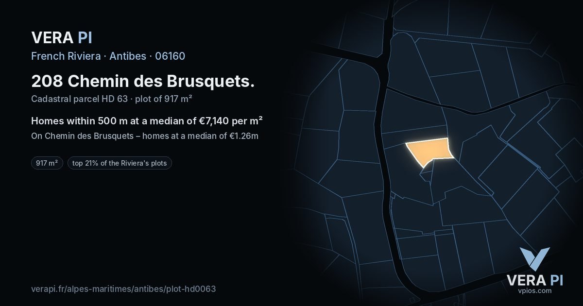 208 Chemin des Brusquets, Antibes at night – the plot lit, the parcels around coloured by the prices near them