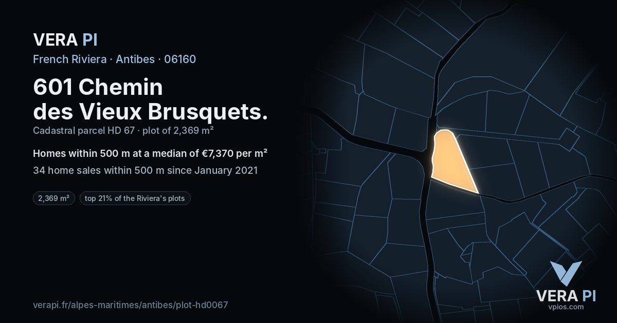 601 Chemin des Vieux Brusquets, Antibes at night – the plot lit, the parcels around coloured by the prices near them