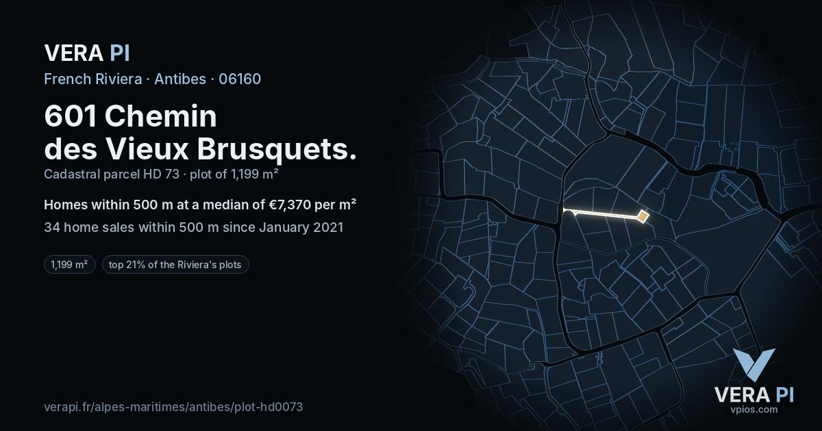 601 Chemin des Vieux Brusquets, Antibes at night – the plot lit, the parcels around coloured by the prices near them