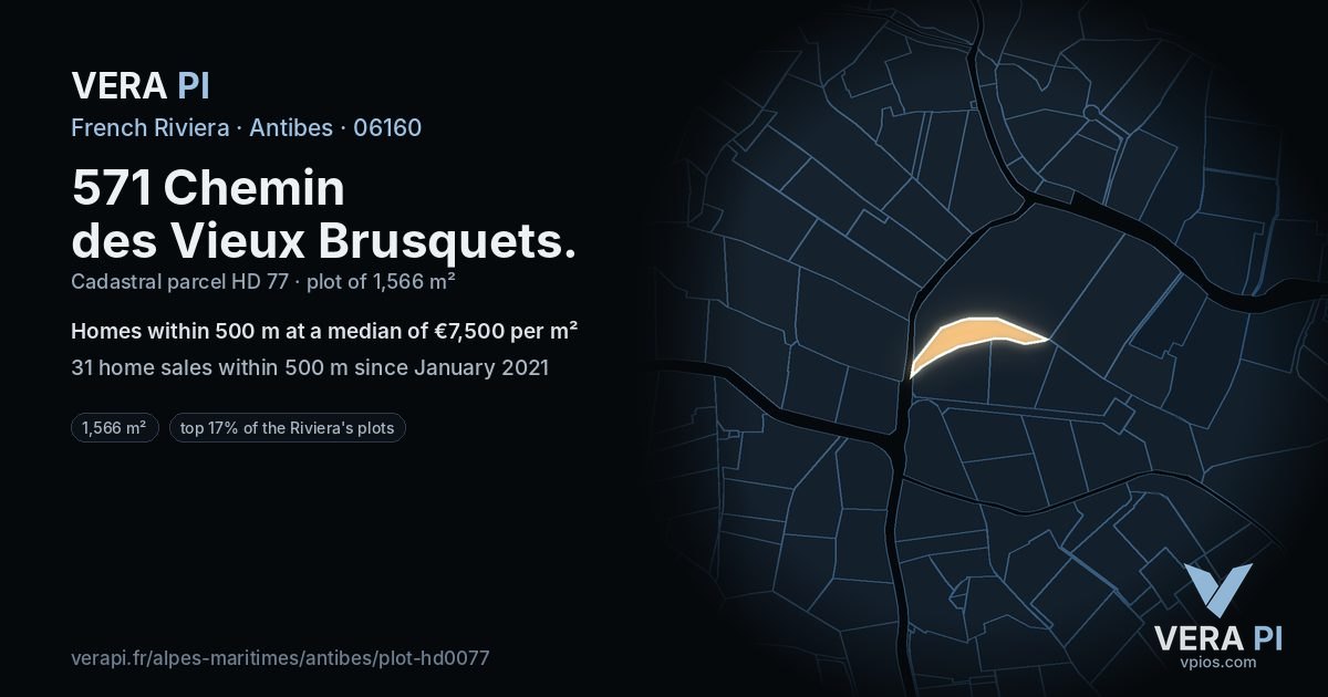 571 Chemin des Vieux Brusquets, Antibes at night – the plot lit, the parcels around coloured by the prices near them
