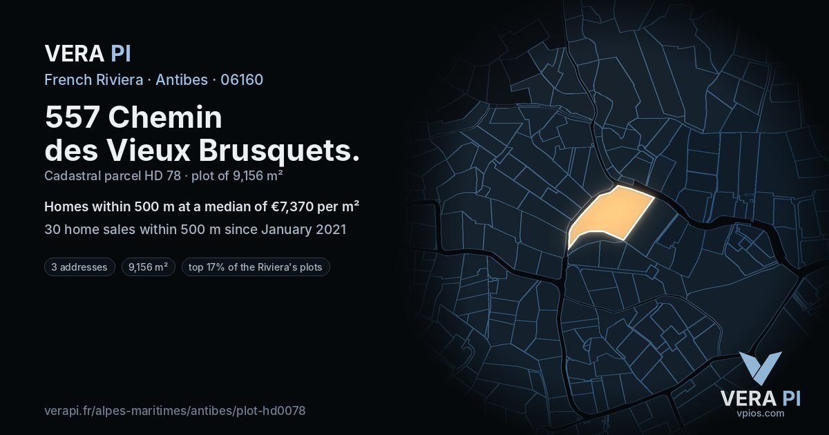 557 Chemin des Vieux Brusquets, Antibes at night – the plot lit, the parcels around coloured by the prices near them