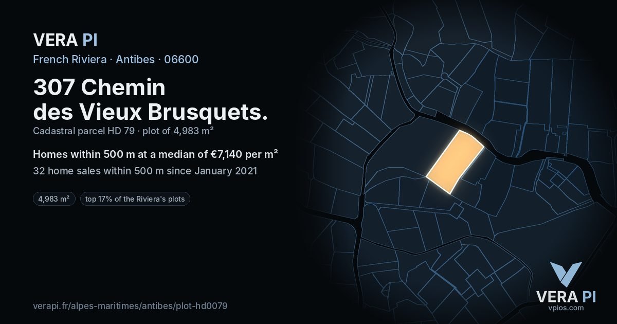 307 Chemin des Vieux Brusquets, Antibes at night – the plot lit, the parcels around coloured by the prices near them