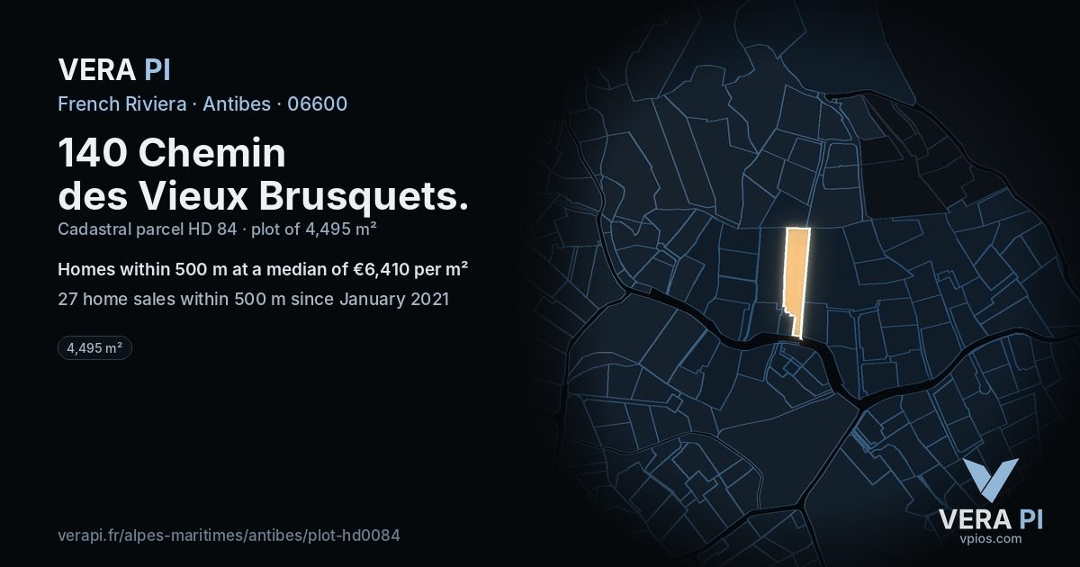 140 Chemin des Vieux Brusquets, Antibes at night – the plot lit, the parcels around coloured by the prices near them