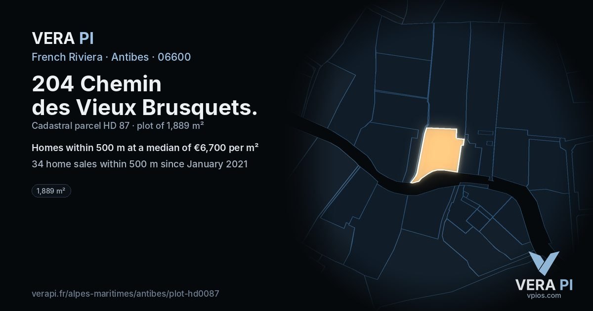 204 Chemin des Vieux Brusquets, Antibes at night – the plot lit, the parcels around coloured by the prices near them