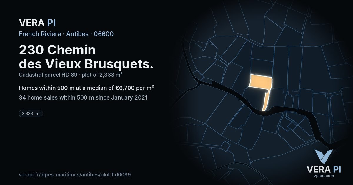 230 Chemin des Vieux Brusquets, Antibes at night – the plot lit, the parcels around coloured by the prices near them