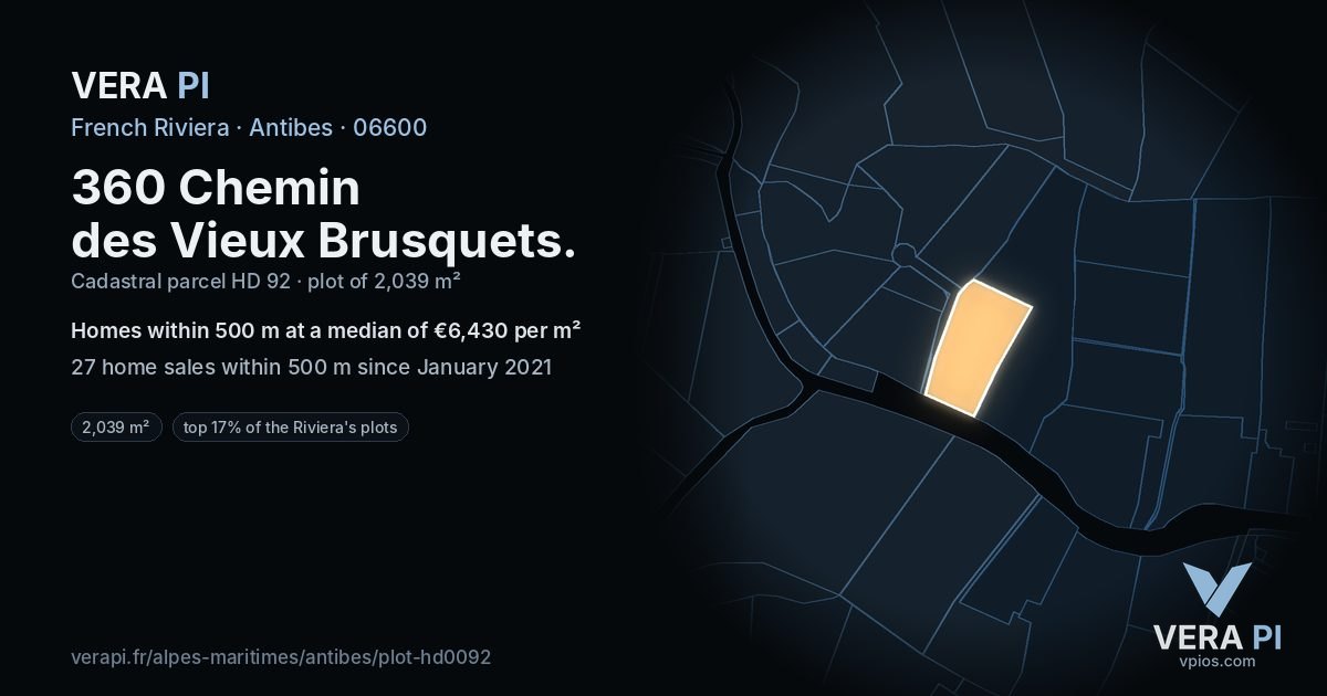 360 Chemin des Vieux Brusquets, Antibes at night – the plot lit, the parcels around coloured by the prices near them