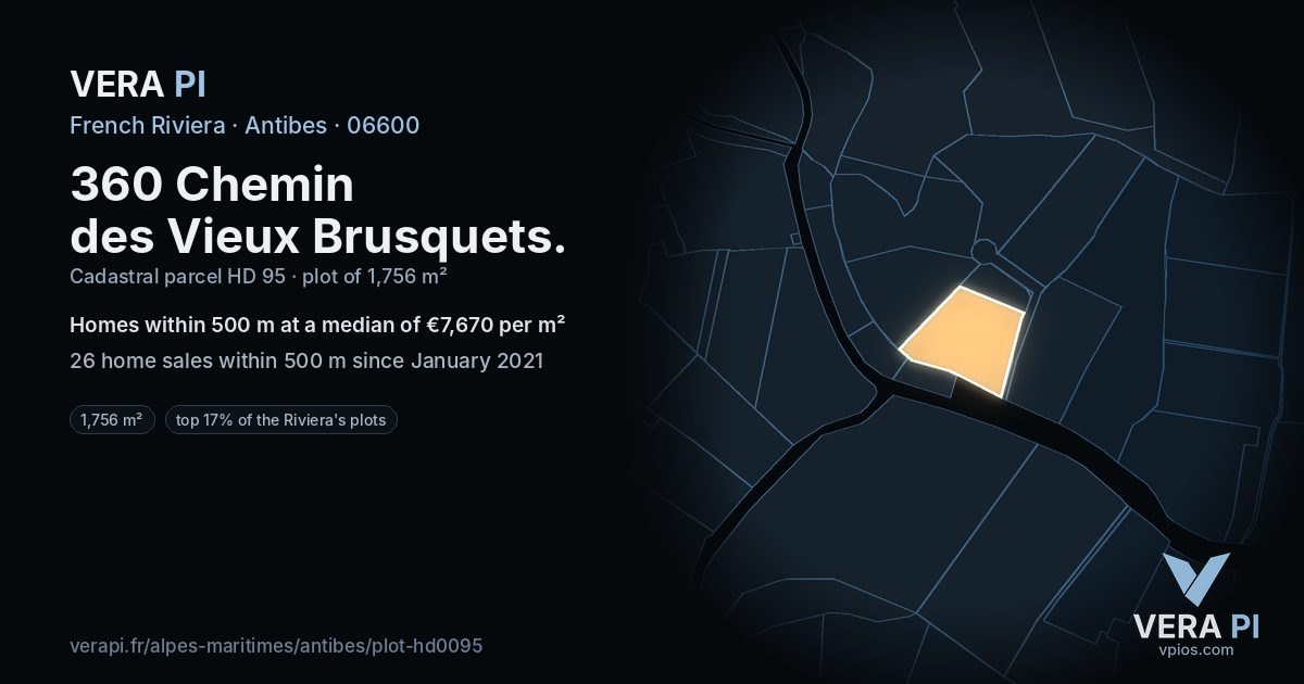 360 Chemin des Vieux Brusquets, Antibes at night – the plot lit, the parcels around coloured by the prices near them