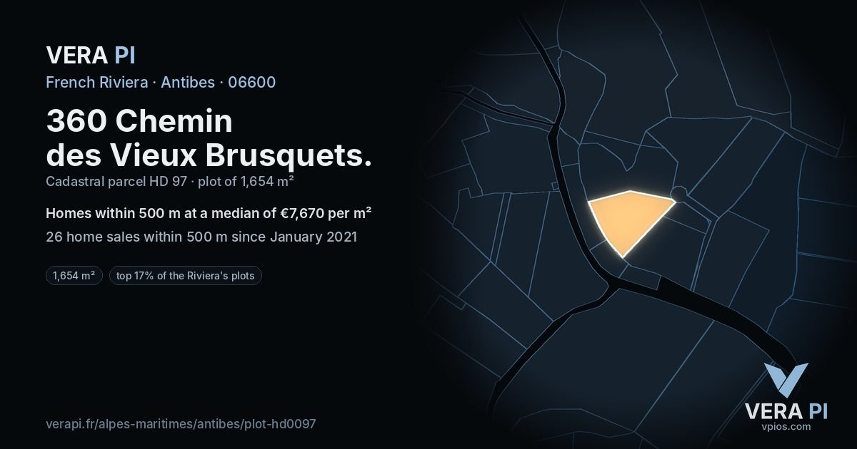 360 Chemin des Vieux Brusquets, Antibes at night – the plot lit, the parcels around coloured by the prices near them