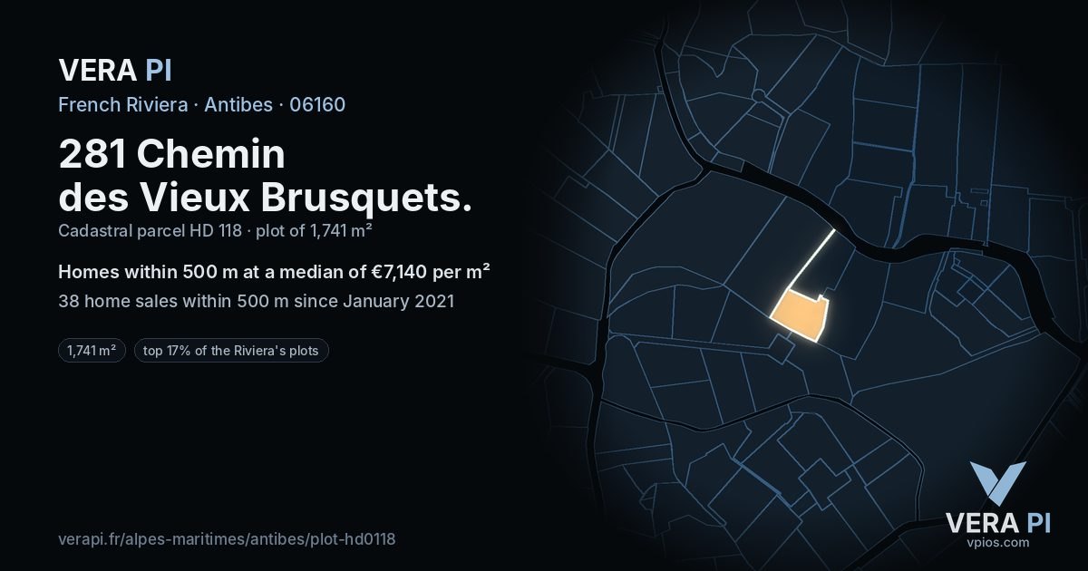 281 Chemin des Vieux Brusquets, Antibes at night – the plot lit, the parcels around coloured by the prices near them