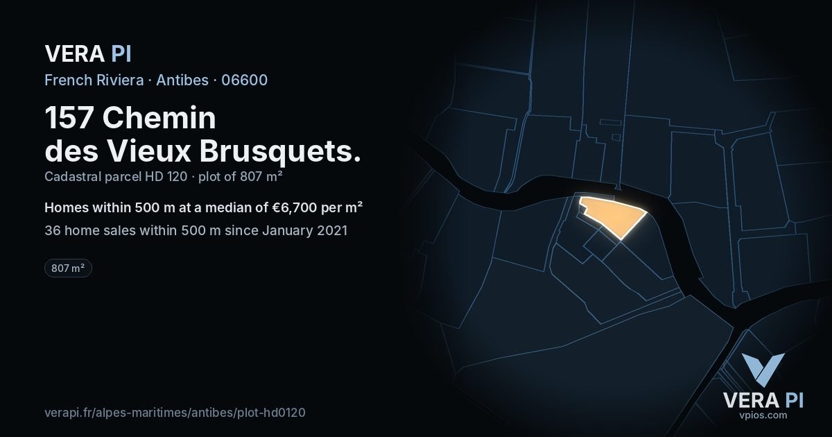 157 Chemin des Vieux Brusquets, Antibes at night – the plot lit, the parcels around coloured by the prices near them