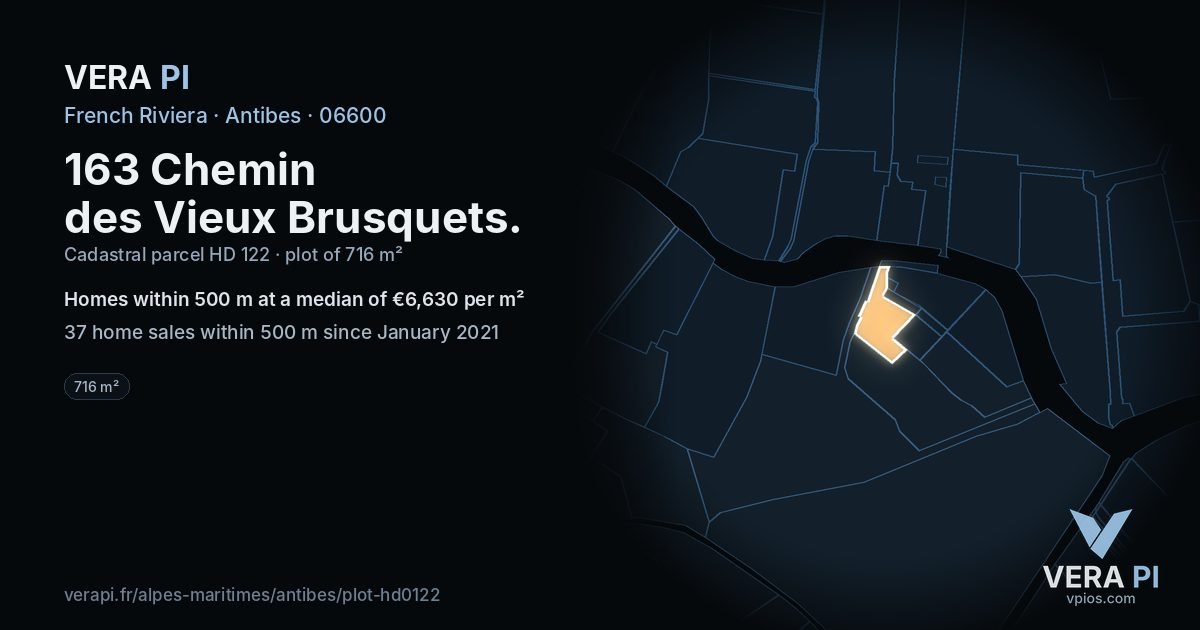 163 Chemin des Vieux Brusquets, Antibes at night – the plot lit, the parcels around coloured by the prices near them