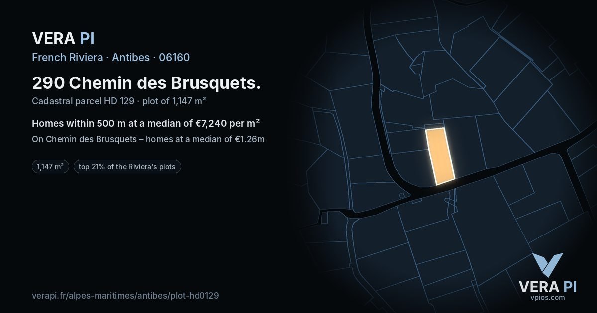 290 Chemin des Brusquets, Antibes at night – the plot lit, the parcels around coloured by the prices near them