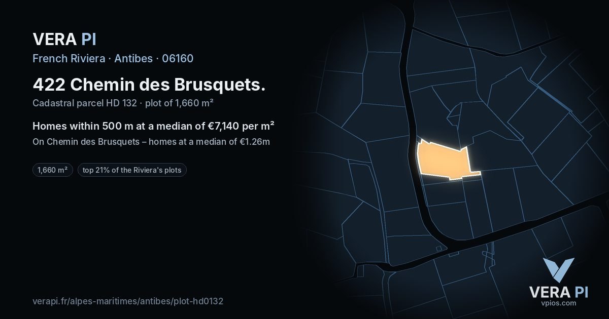 422 Chemin des Brusquets, Antibes at night – the plot lit, the parcels around coloured by the prices near them