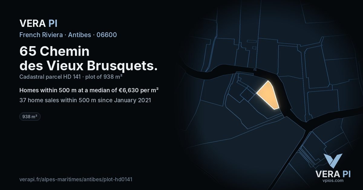 65 Chemin des Vieux Brusquets, Antibes at night – the plot lit, the parcels around coloured by the prices near them