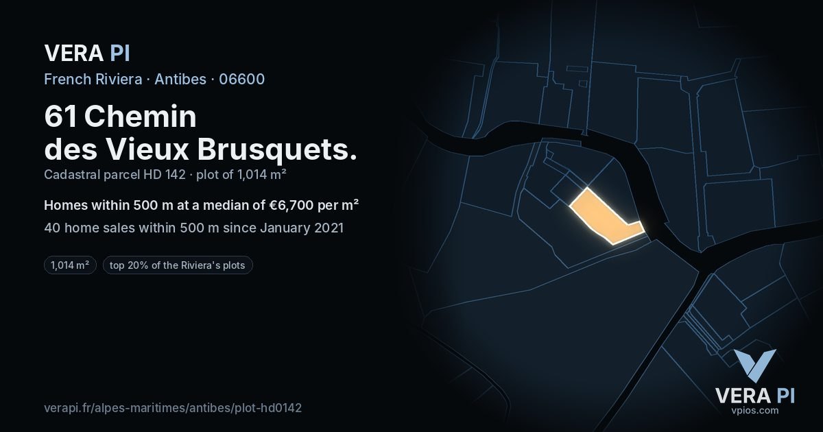 61 Chemin des Vieux Brusquets, Antibes at night – the plot lit, the parcels around coloured by the prices near them