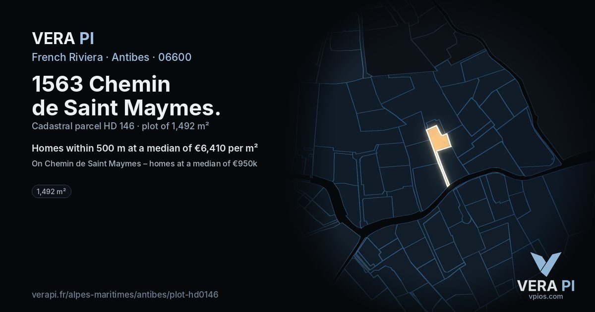 1563 Chemin de Saint Maymes, Antibes at night – the plot lit, the parcels around coloured by the prices near them