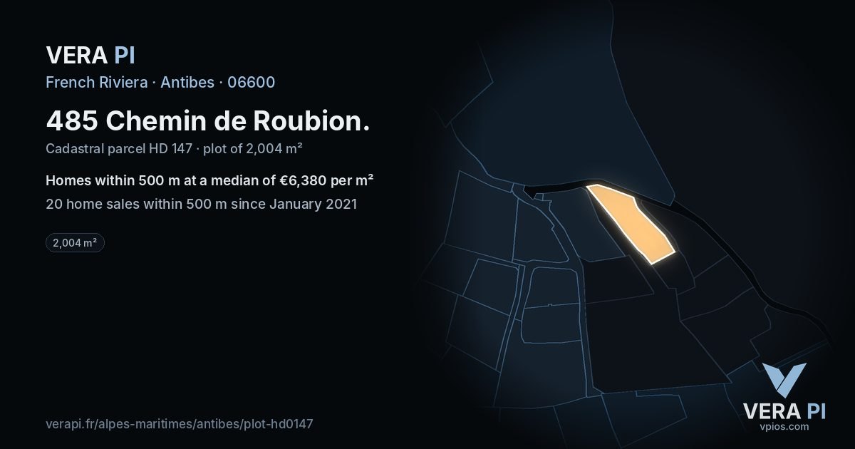 485 Chemin de Roubion, Antibes at night – the plot lit, the parcels around coloured by the prices near them