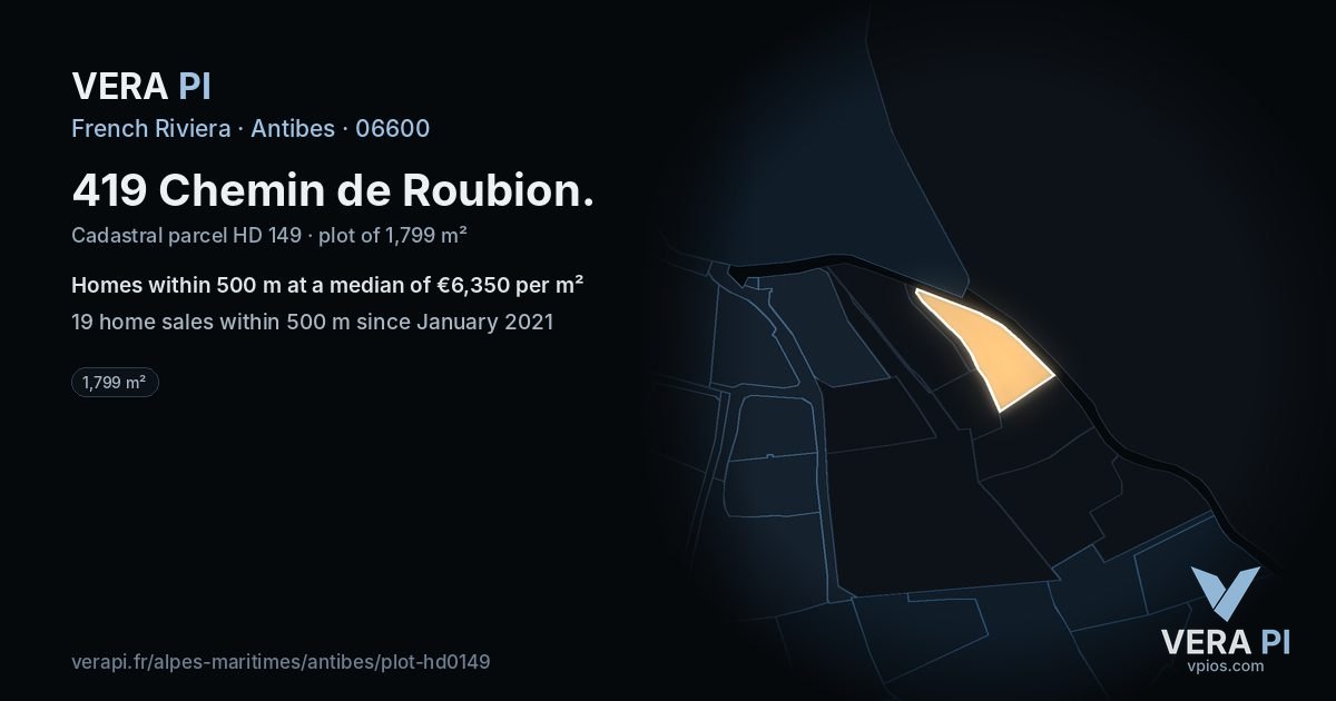 419 Chemin de Roubion, Antibes at night – the plot lit, the parcels around coloured by the prices near them