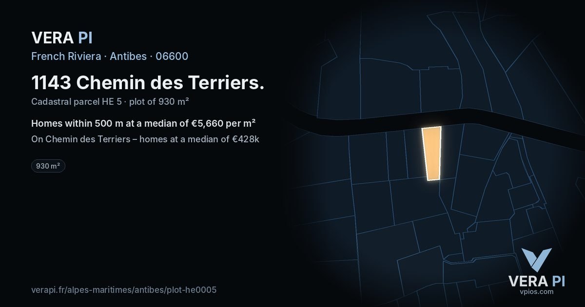 1143 Chemin des Terriers, Antibes at night – the plot lit, the parcels around coloured by the prices near them
