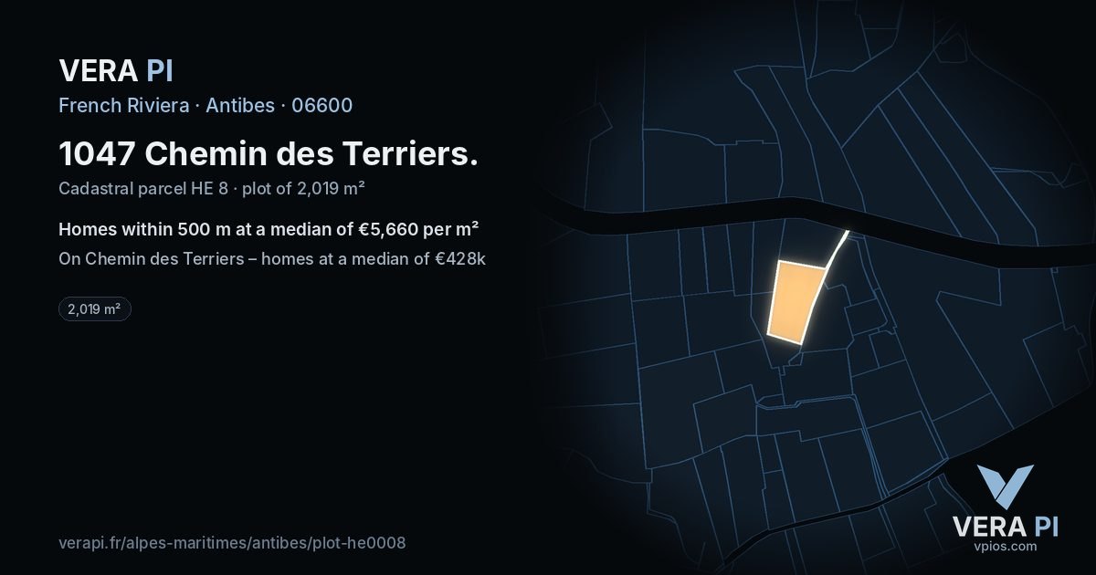 1047 Chemin des Terriers, Antibes at night – the plot lit, the parcels around coloured by the prices near them